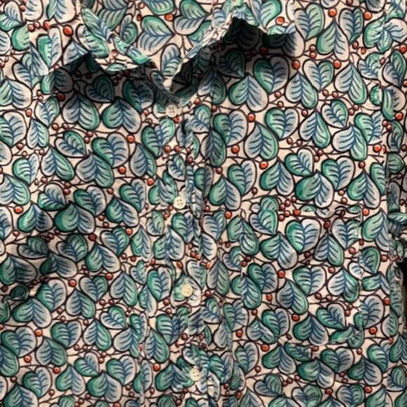 J Crew Leaves & Berries Green Blue Popover Button Front Shirt - Picture 9 of 16